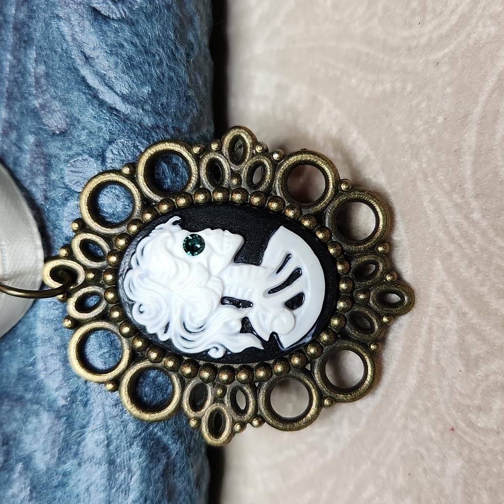 NEW! Skeleton zombie goddess cameo necklace Swarovski crystal green eye Handmade